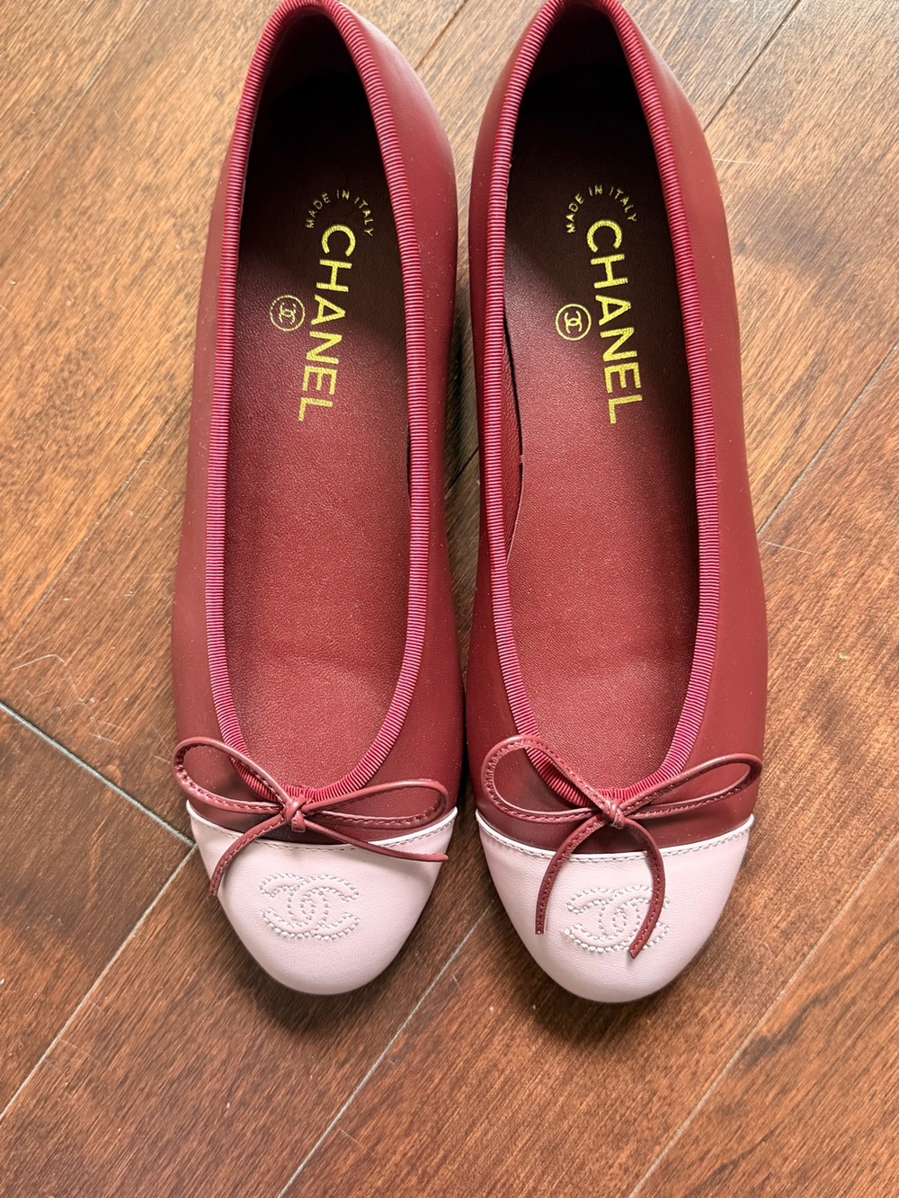 CHANEL Burgundy and Light Pink Cap-Toe Ballet Flats